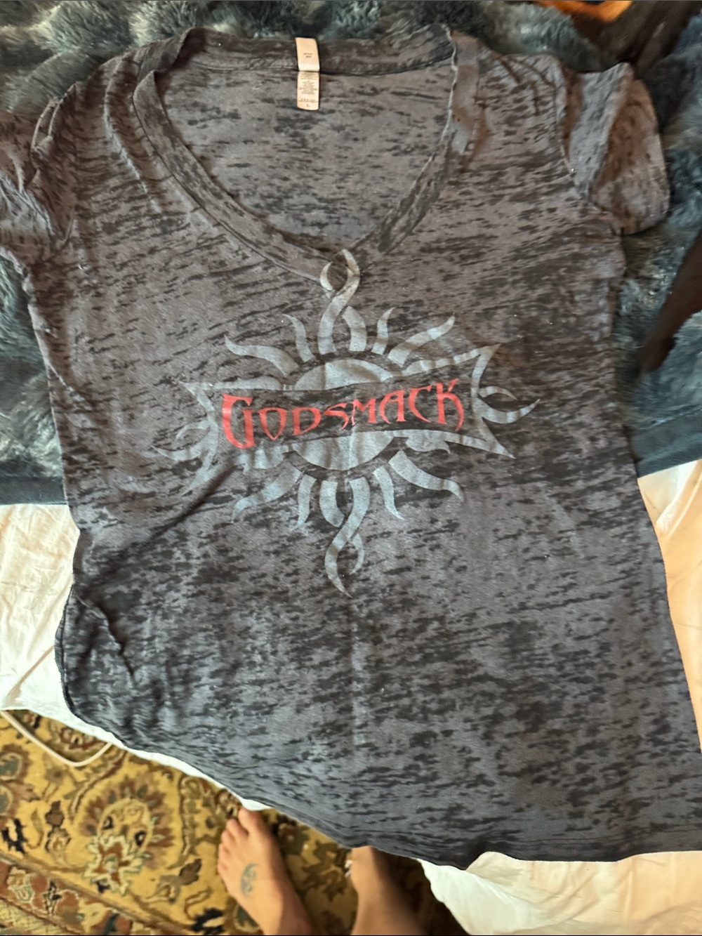 Next Level Apparel Women's Black V-Neck Godsmack Tee with Red Logo